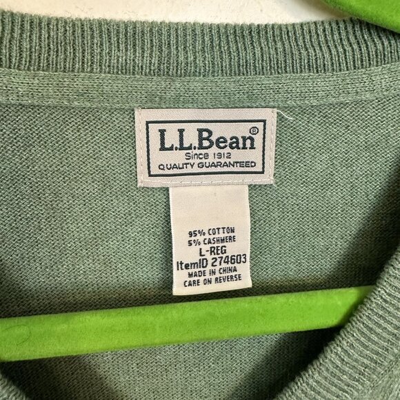 L L Bean Mens V Neck Sweater Cotton & Cashmere Large Moss Green Vtg Pullover - Picture 2 of 7